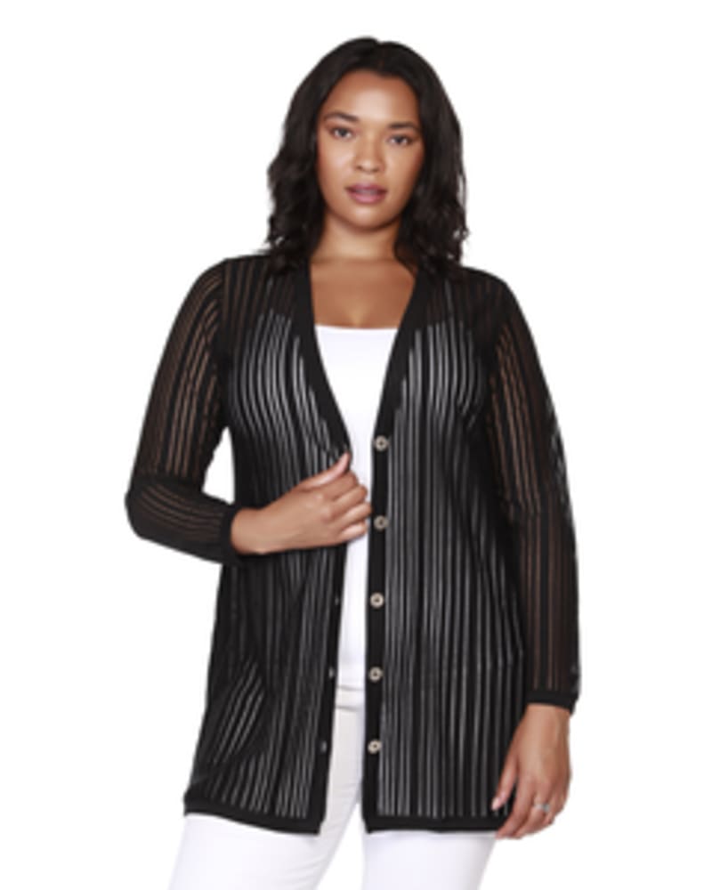 Front of a model wearing a size 1X Sloane Striped Button-Front Cardigan in Black/Gold by Belldini Black Label. | dia_product_style_image_id:245882